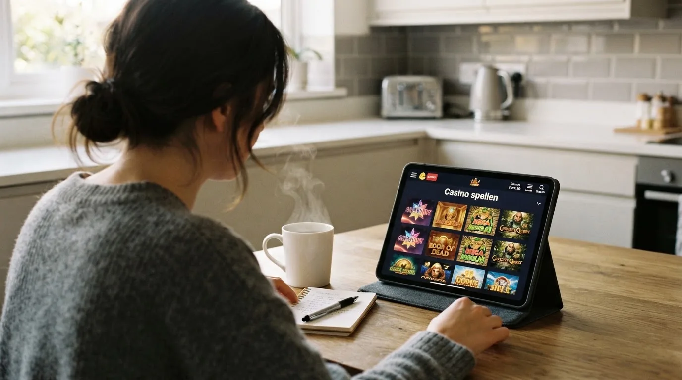 Een persoon bekijkt op een tablet een overzicht van casinospellen aan een keukentafel, met een kop koffie ernaast.