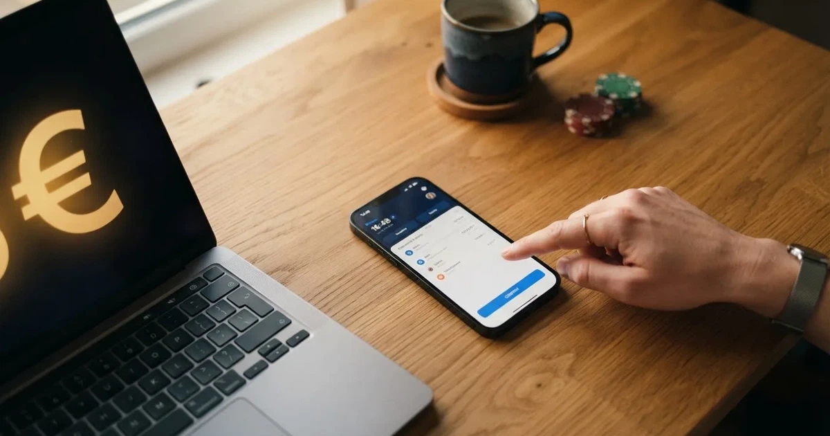 Een close-up van een hand die op een smartphone tikt naast een laptop op een houten bureau, met zacht daglicht op de achtergrond.