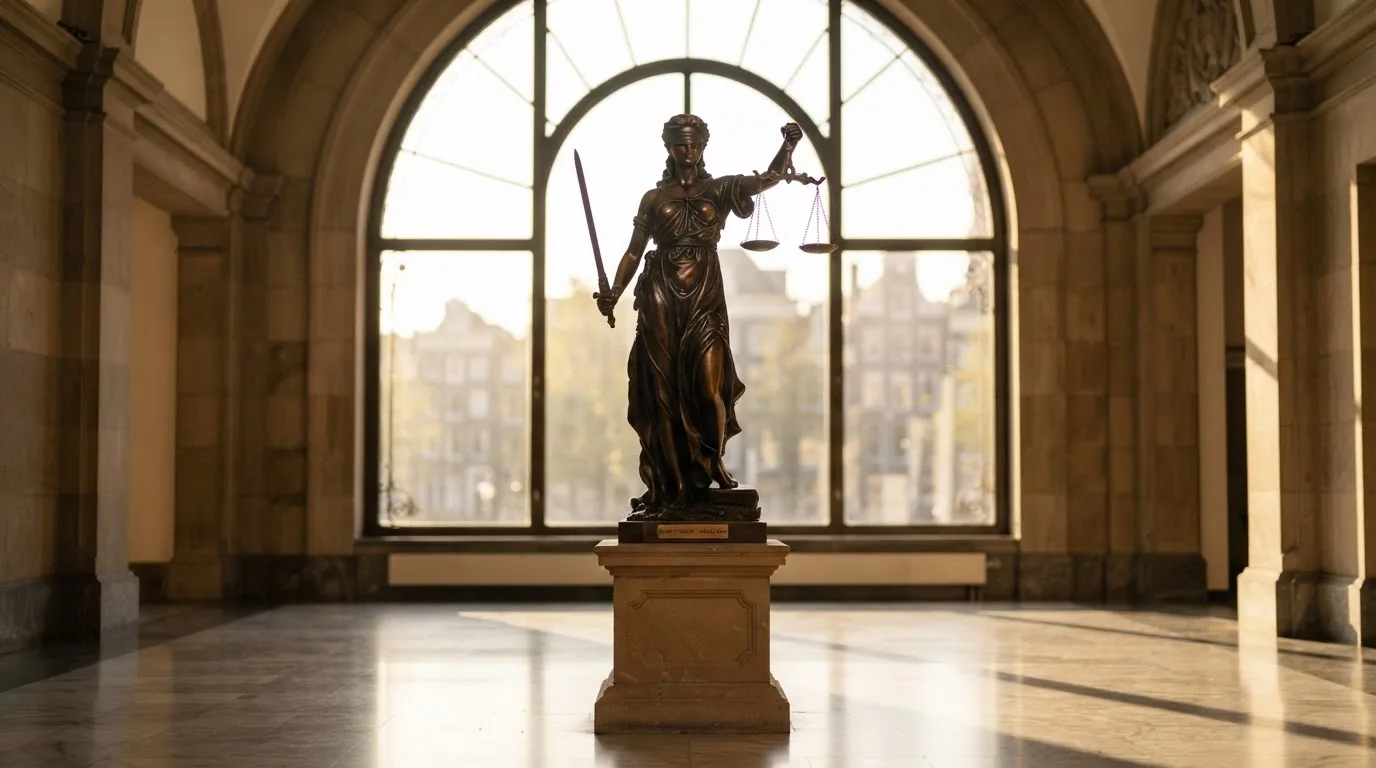 Een bronzen vrouwe Justitia met weegschaal staat voor een grote raampartij in een statig gerechtsgebouw, met zacht ochtendlicht.