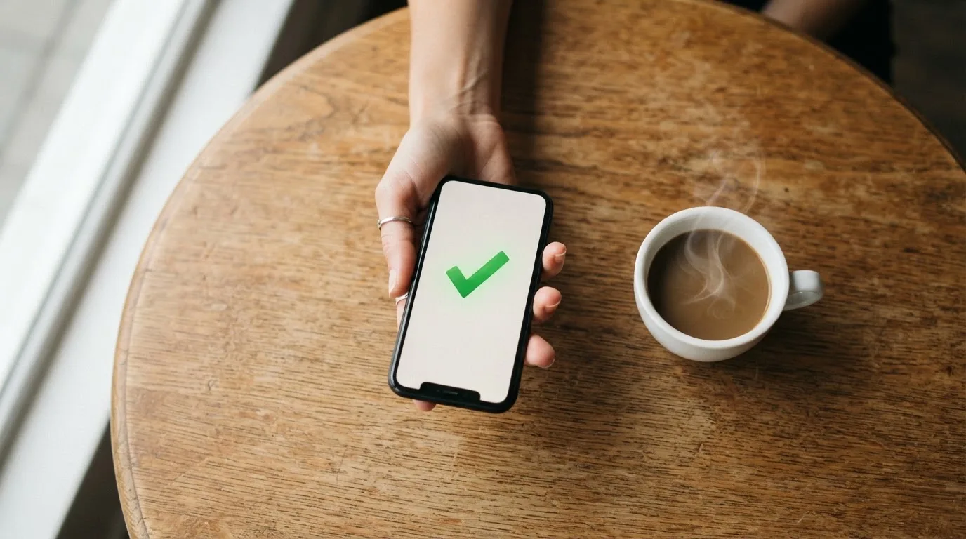 Een hand houdt een smartphone vast boven een houten tafel met een kopje koffie ernaast, in zacht daglicht.