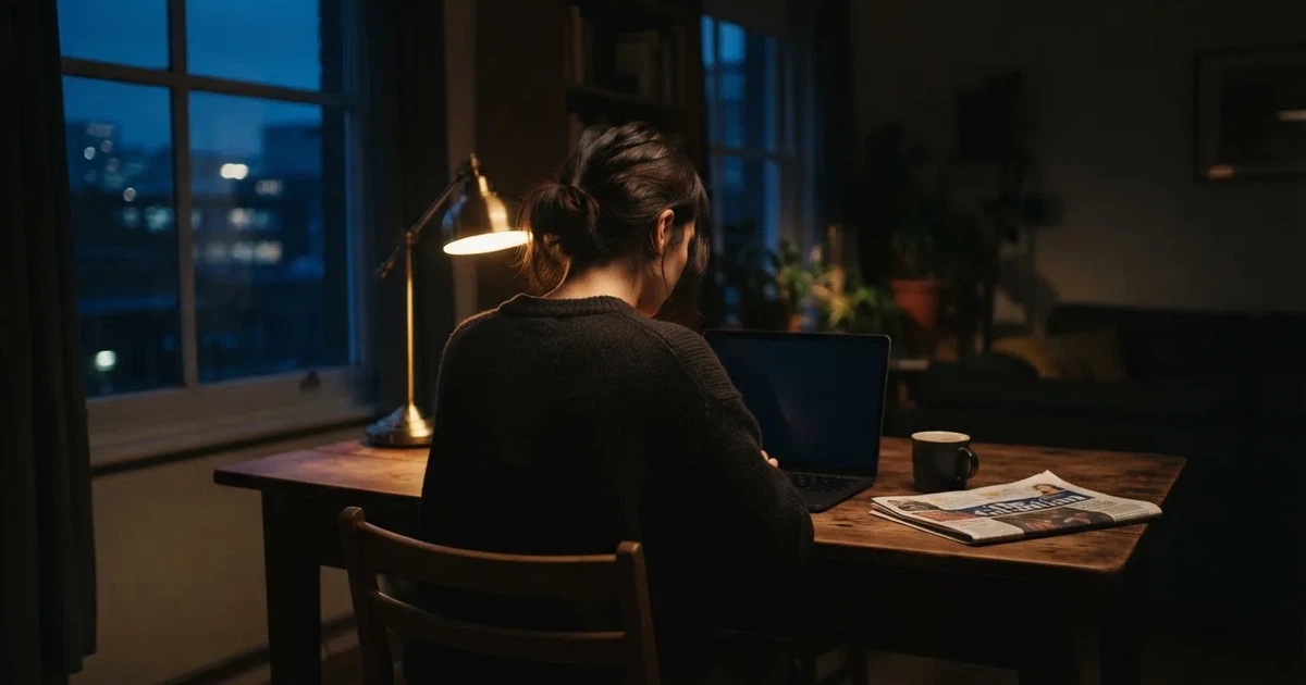 Een persoon zit alleen aan een bureau en staart peinzend naar een laptop met het scherm uit, in gedimd avondlicht.