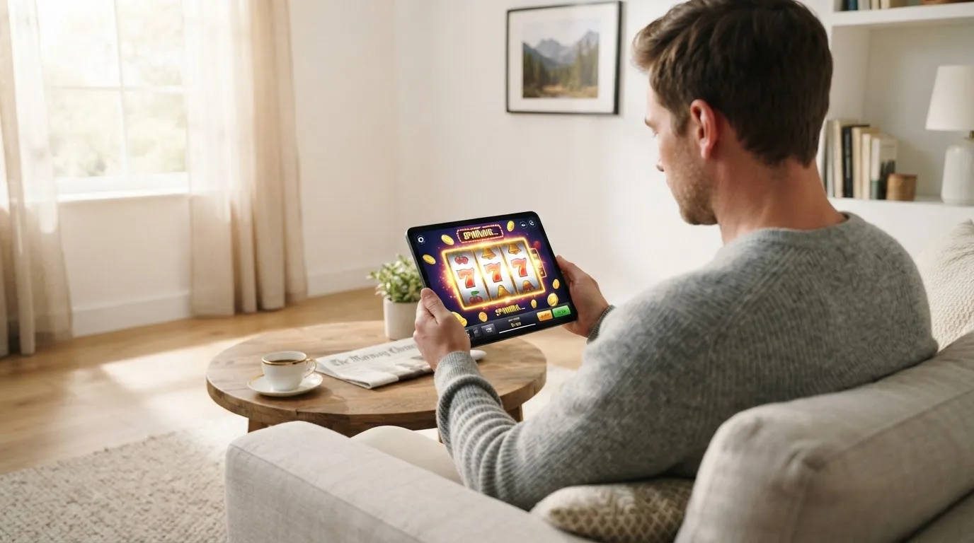 Een man bekijkt ontspannen een tablet op de bank in een lichte woonkamer met een kop koffie op de salontafel.