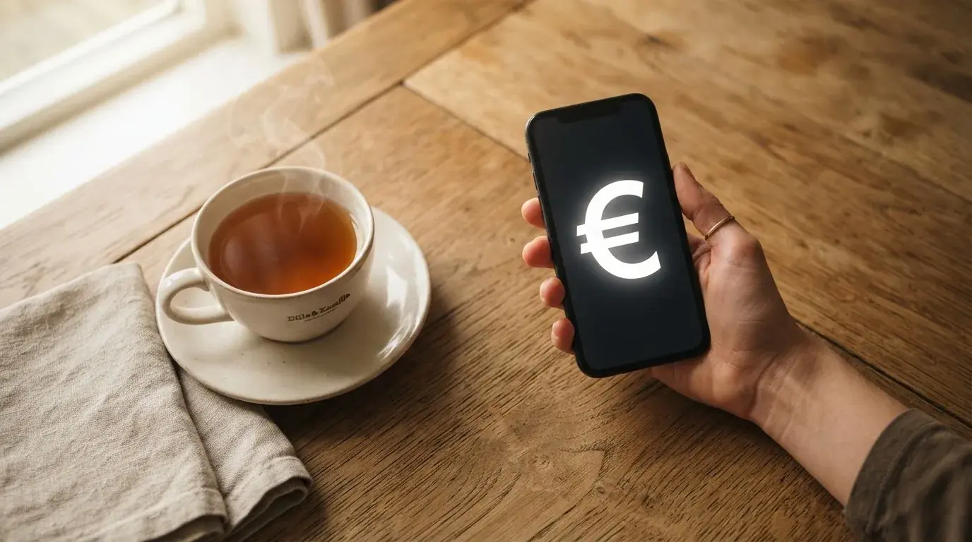 Een hand houdt een smartphone vast boven een houten tafel met een kopje thee ernaast, in zacht daglicht.