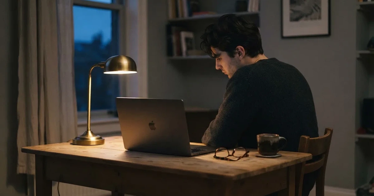 Een persoon zit alleen aan een bureau en staart peinzend naar een laptop met het scherm uit, in gedimd avondlicht.