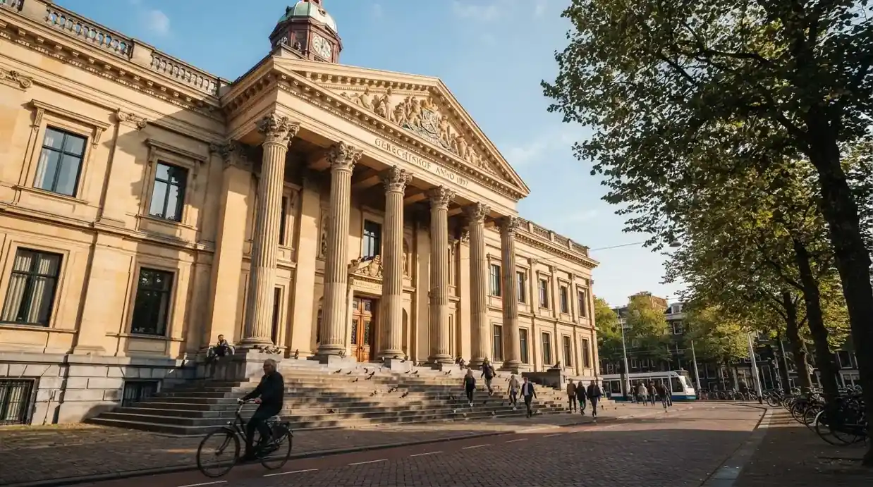 Een statig gerechtsgebouw met brede trappen en zuilen staat onder een heldere hemel in een Nederlandse stad.