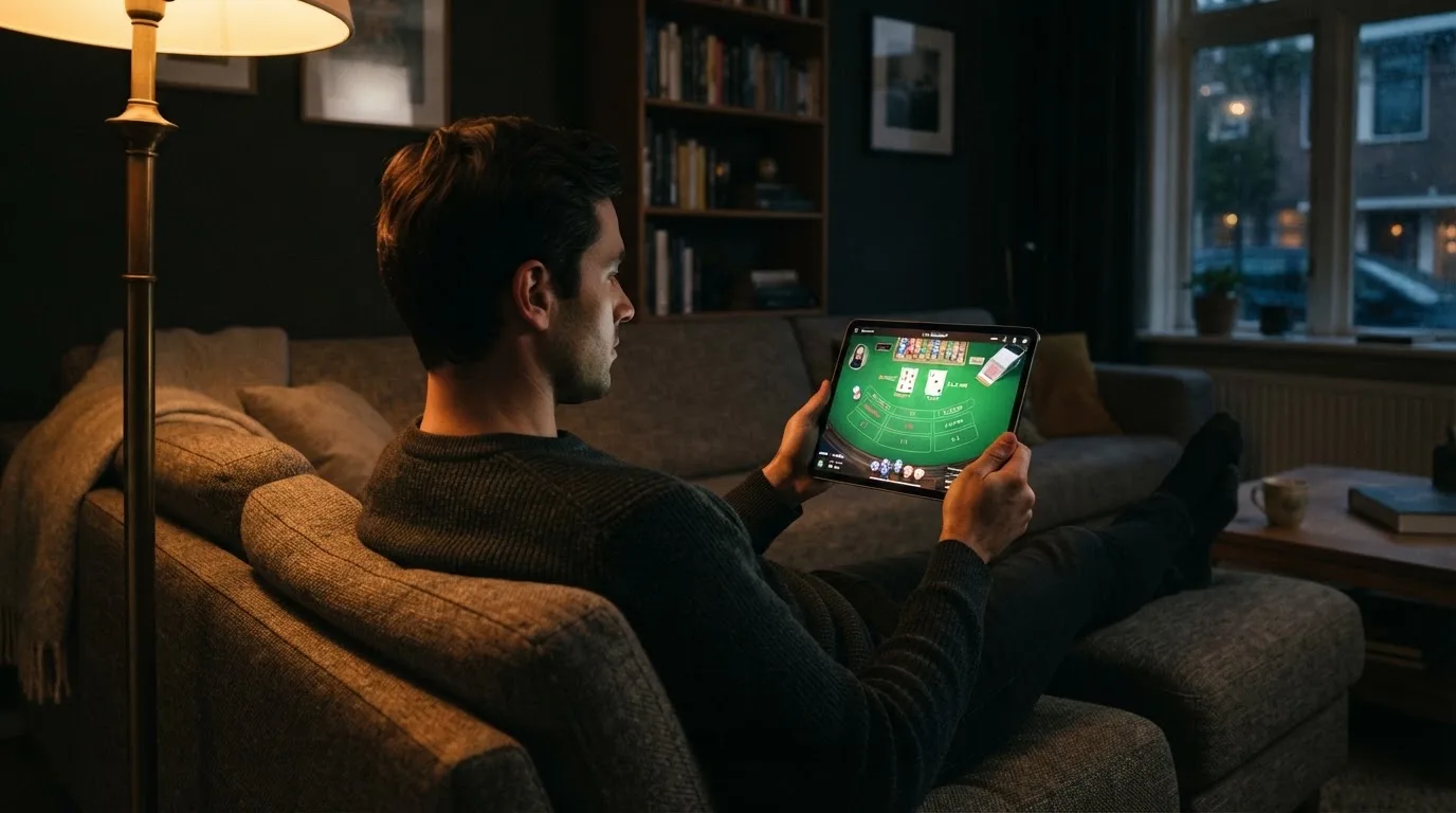 Een man bekijkt laat op de avond een tablet op de bank, verlicht door een staande lamp in een rustige woonkamer.