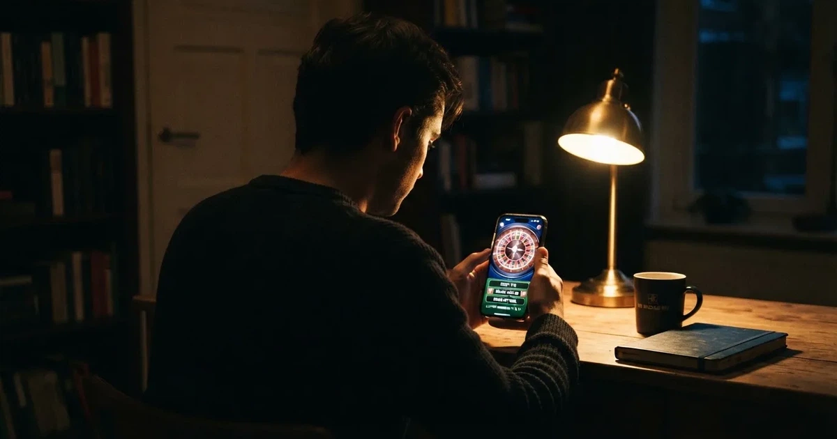 Een speler zit 's avonds laat aan een bureau met een smartphone in de hand, verlicht door een bureaulamp in een verder donkere kamer.