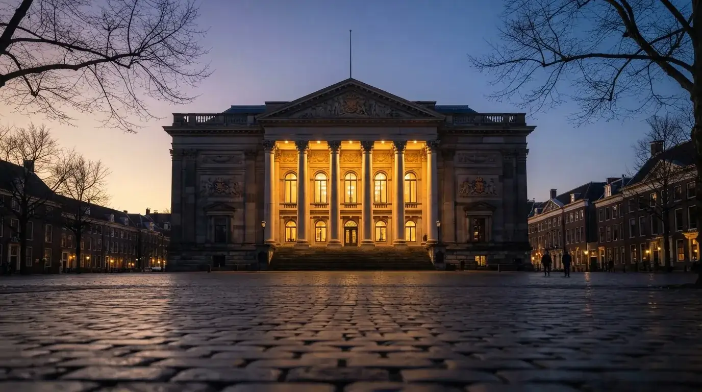 Een statig gerechtsgebouw met verlichte zuilen staat in de avondschemering in een Nederlandse stad.