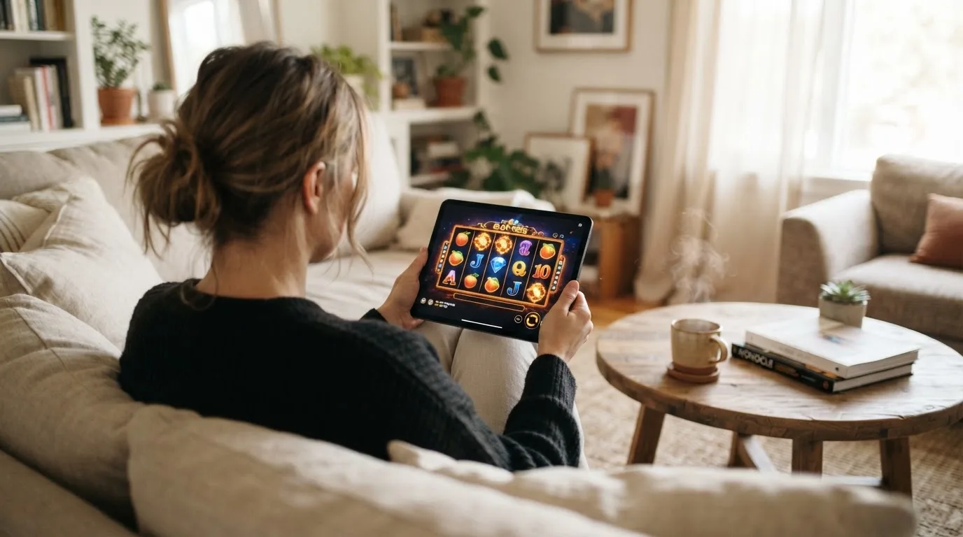 Een vrouw bekijkt ontspannen een tablet op de bank in een lichte woonkamer met een kop thee op de salontafel.