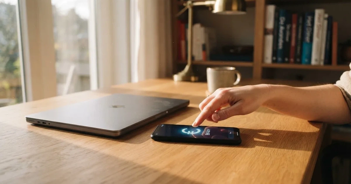Een hand tikt op een smartphone naast een gesloten laptop op een houten bureau, in zacht daglicht.