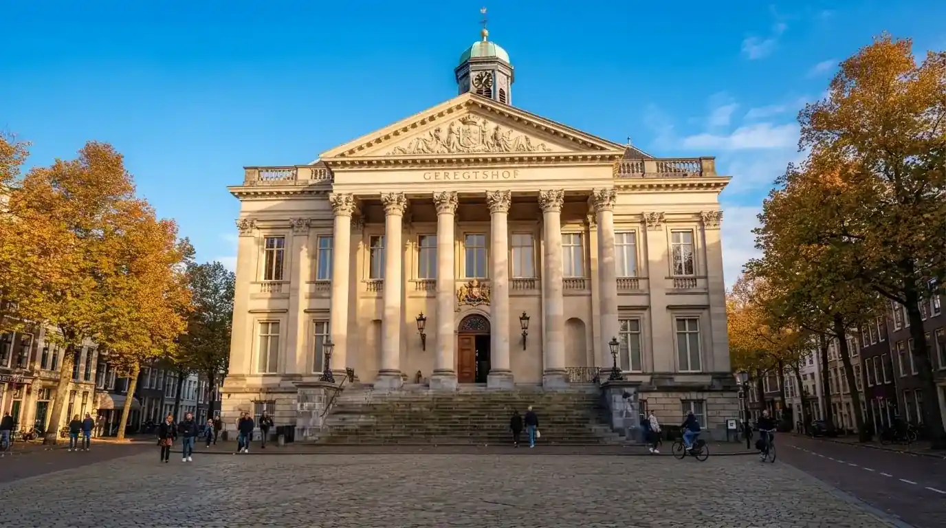 Een klassiek gerechtsgebouw met hoge zuilen staat onder een blauwe lucht in een Nederlandse binnenstad.