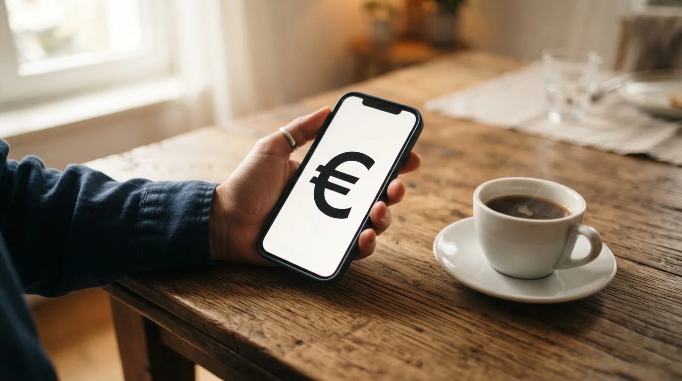 Een hand houdt een smartphone vast boven een houten tafel met een kopje koffie ernaast, in zacht daglicht.