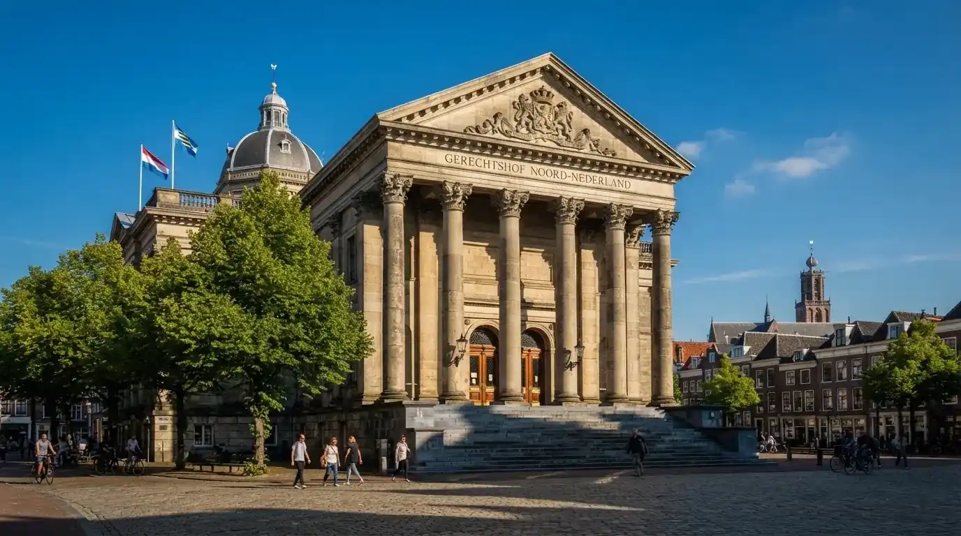 Een statig gerechtsgebouw met brede trappen en zuilen staat onder een heldere hemel in een Nederlandse stad.