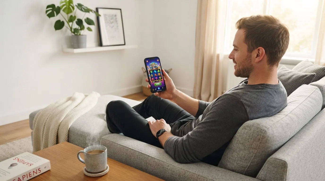 Een man bekijkt ontspannen zijn telefoon op de bank in een lichte woonkamer met een kop koffie op de salontafel.