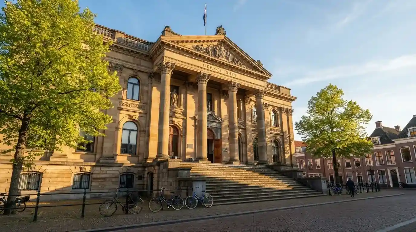 Een klassiek gerechtsgebouw met zuilen staat onder een blauwe lucht in een rustige Nederlandse stad.