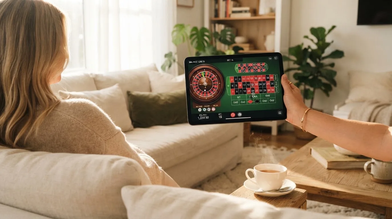 Een vrouw bekijkt ontspannen een tablet op de bank in een lichte woonkamer met een kop thee op de salontafel.