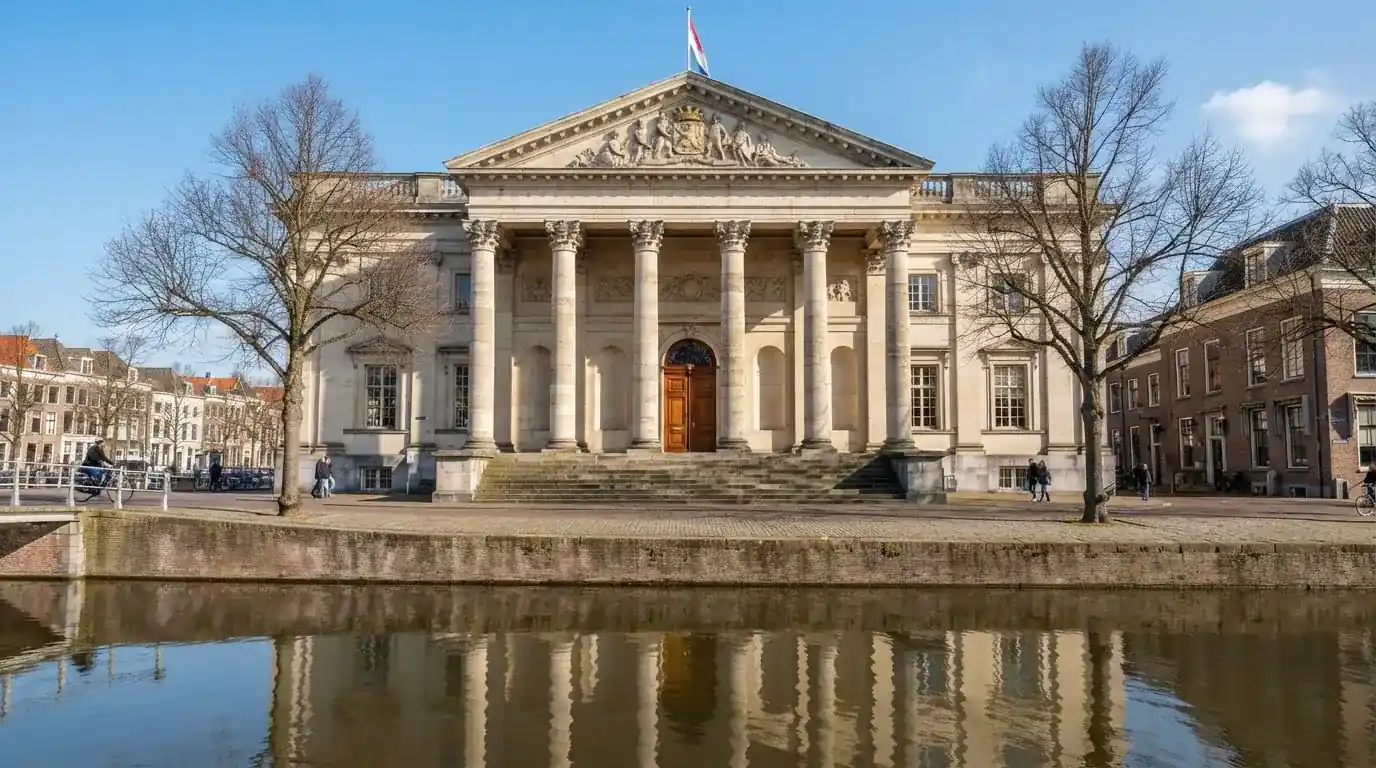 Een klassiek gerechtsgebouw met hoge zuilen staat onder een heldere hemel in een Nederlandse stad.