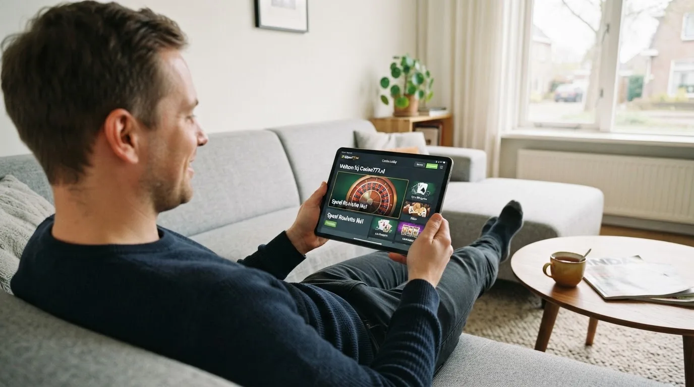 Een man bekijkt ontspannen een tablet op de bank in een lichte woonkamer met een kop thee op de salontafel.