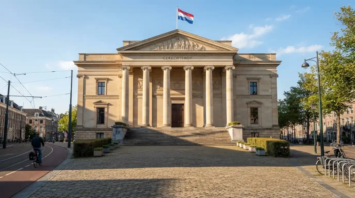 Een statig gerechtsgebouw met brede trappen en zuilen staat onder een blauwe hemel in een Nederlandse stad.