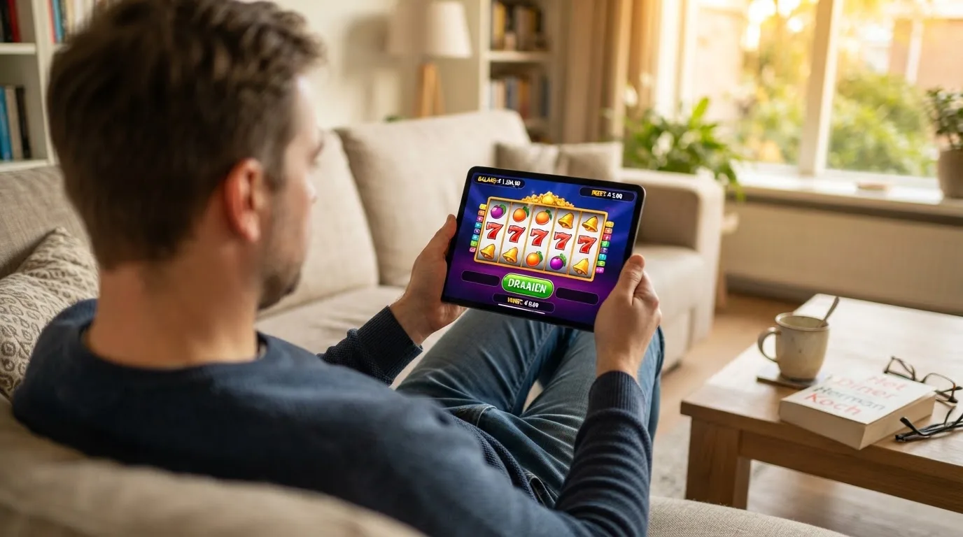 Een man bekijkt ontspannen een tablet op de bank in een lichte woonkamer met een kop koffie op de salontafel.