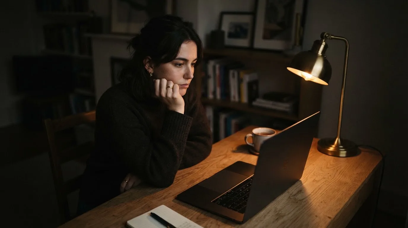Een persoon zit alleen aan een bureau en kijkt peinzend naar een laptop met het scherm uit, in gedimd licht.