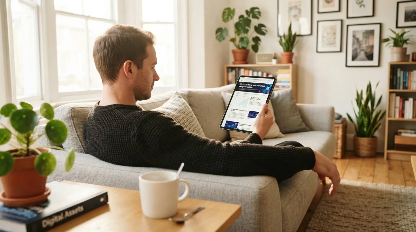Een man bekijkt ontspannen een tablet op de bank in een lichte woonkamer met een kop koffie op de salontafel.