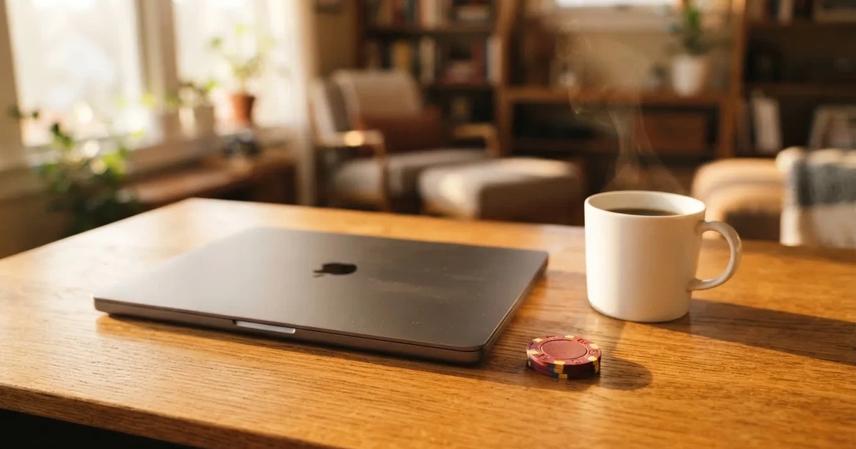 Een laptop met gesloten deksel staat naast een kopje koffie op een houten bureau, in zacht ochtendlicht.