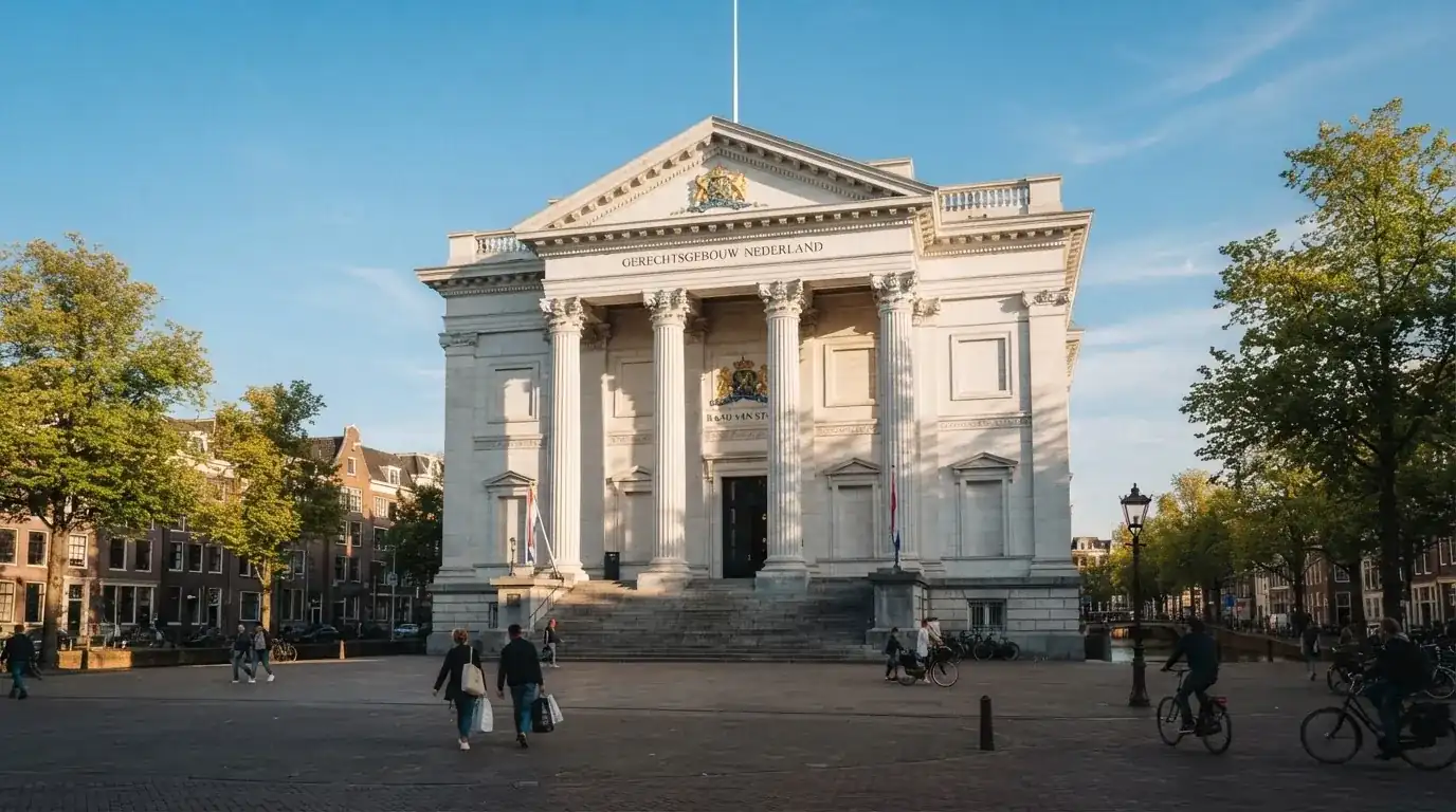 Een klassiek gerechtsgebouw met hoge zuilen staat onder een heldere hemel in een Nederlandse stad.