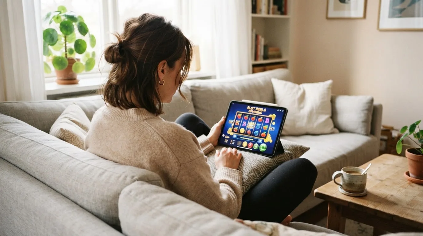 Een vrouw bekijkt ontspannen een tablet op de bank in een lichte woonkamer met een kop koffie op de salontafel.