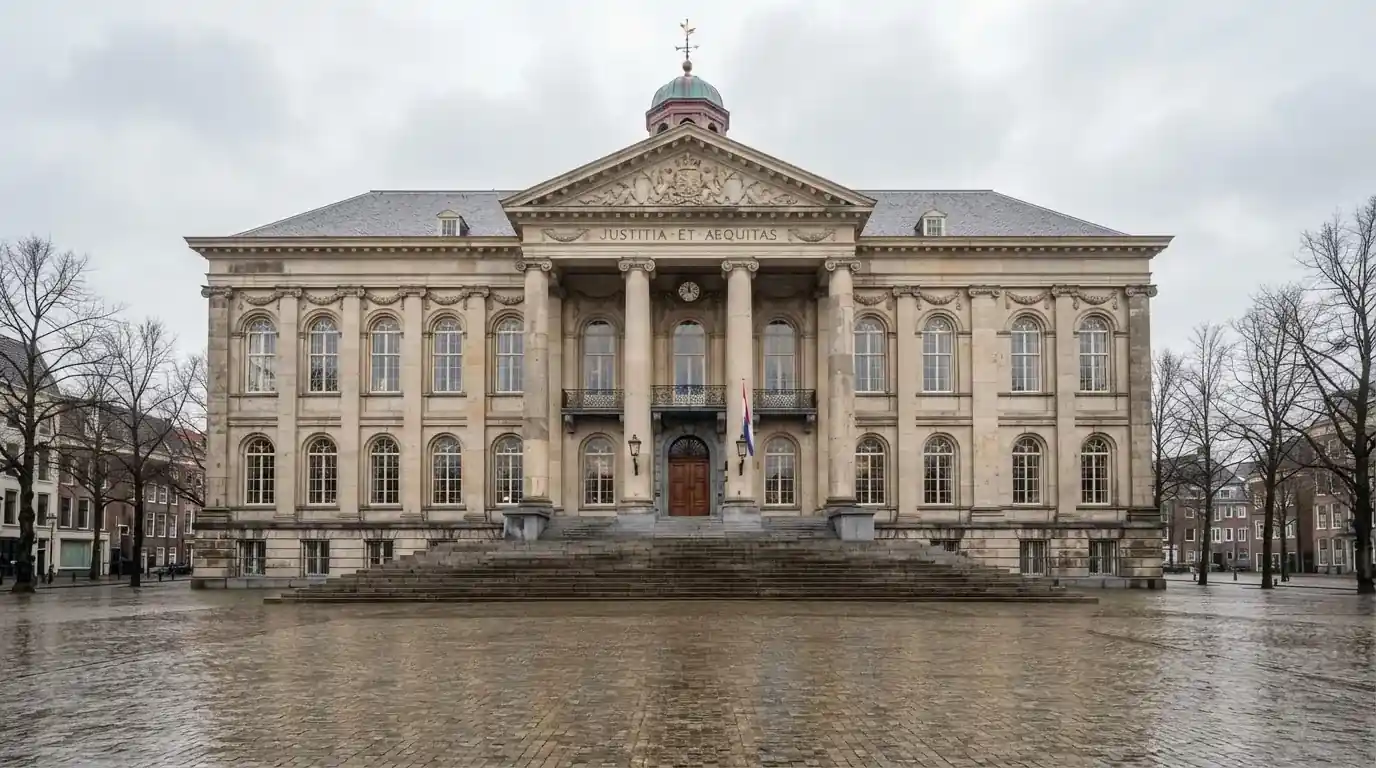 Een klassiek gerechtsgebouw met brede trappen staat onder een bewolkte hemel in een Nederlandse stad.