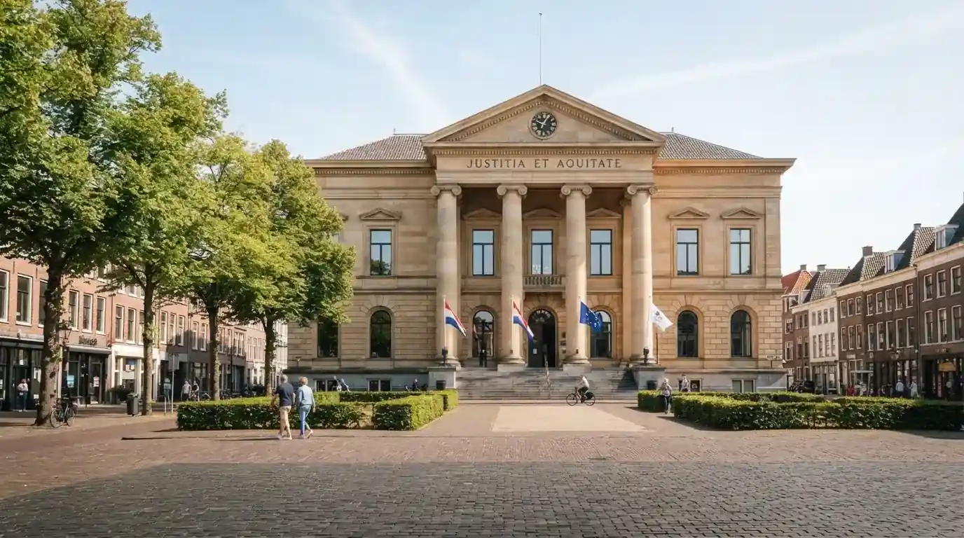 Een klassiek gerechtsgebouw met hoge zuilen staat onder een heldere hemel in een Nederlandse stad.