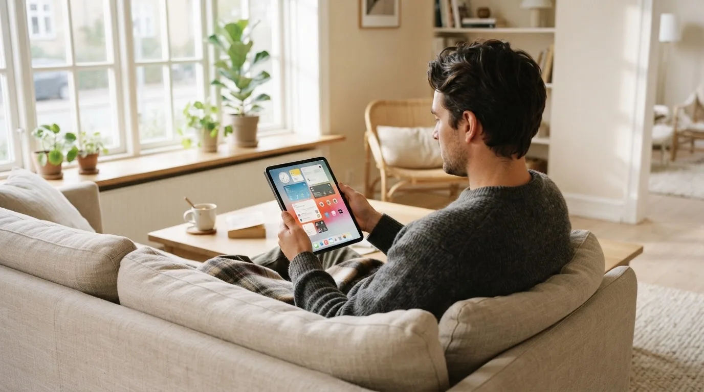 Een man bekijkt ontspannen een tablet op de bank in een lichte woonkamer met een kop koffie op de salontafel.