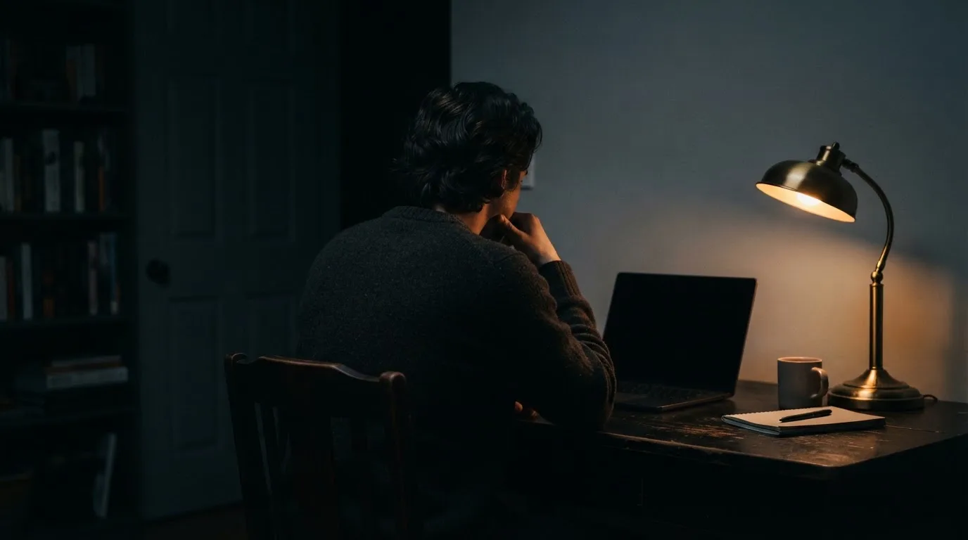 Een persoon zit alleen aan een bureau en kijkt peinzend naar een laptop met het scherm uit, in gedimd licht.