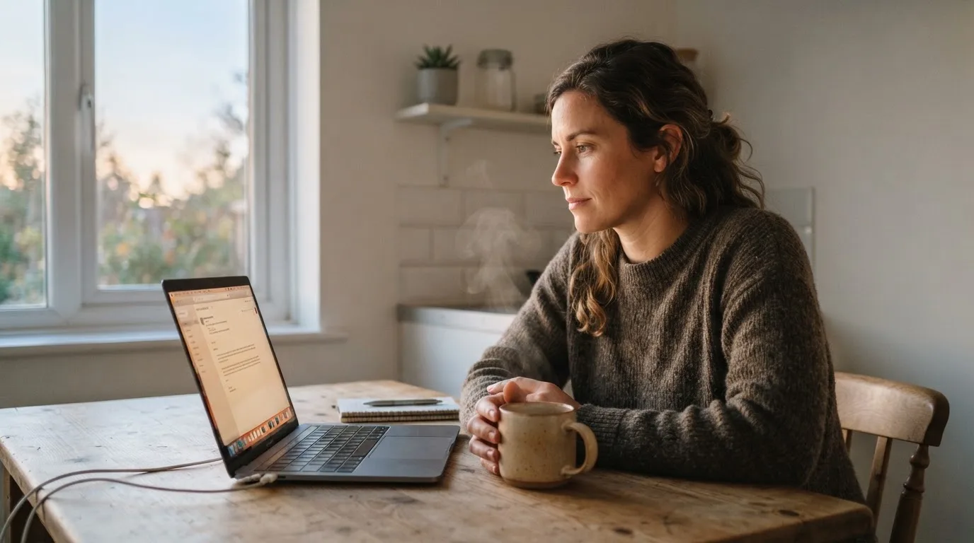 Een persoon zit alleen aan een keukentafel en kijkt peinzend naar een laptop, met een kop koffie ernaast in het vroege ochtendlicht.