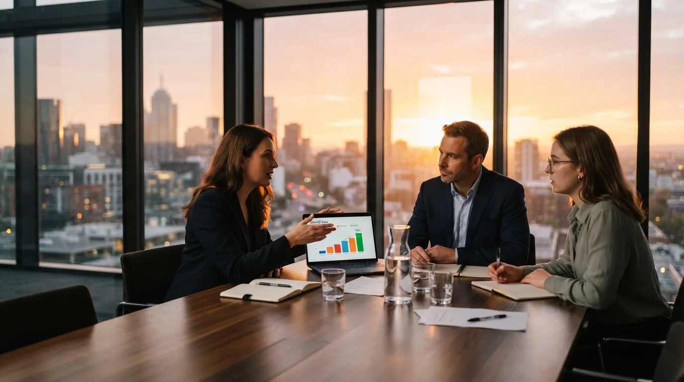 Een klein team overlegt rond een tafel in een glazen vergaderruimte met uitzicht op een stedelijke skyline bij zonsondergang.