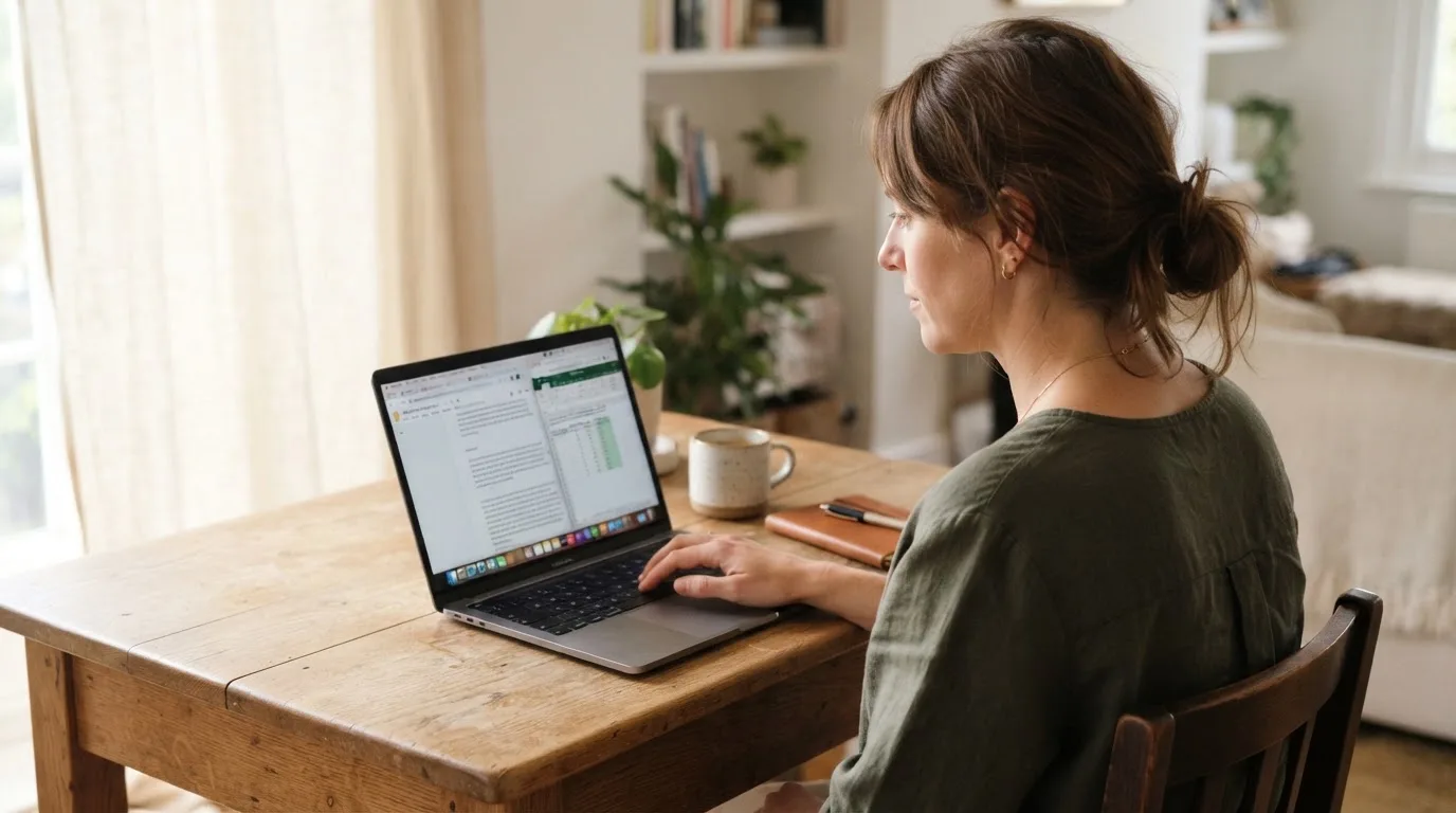 Een vrouw zit aan een houten bureau en bekijkt rustig het scherm van een laptop in een lichte woonkamer.