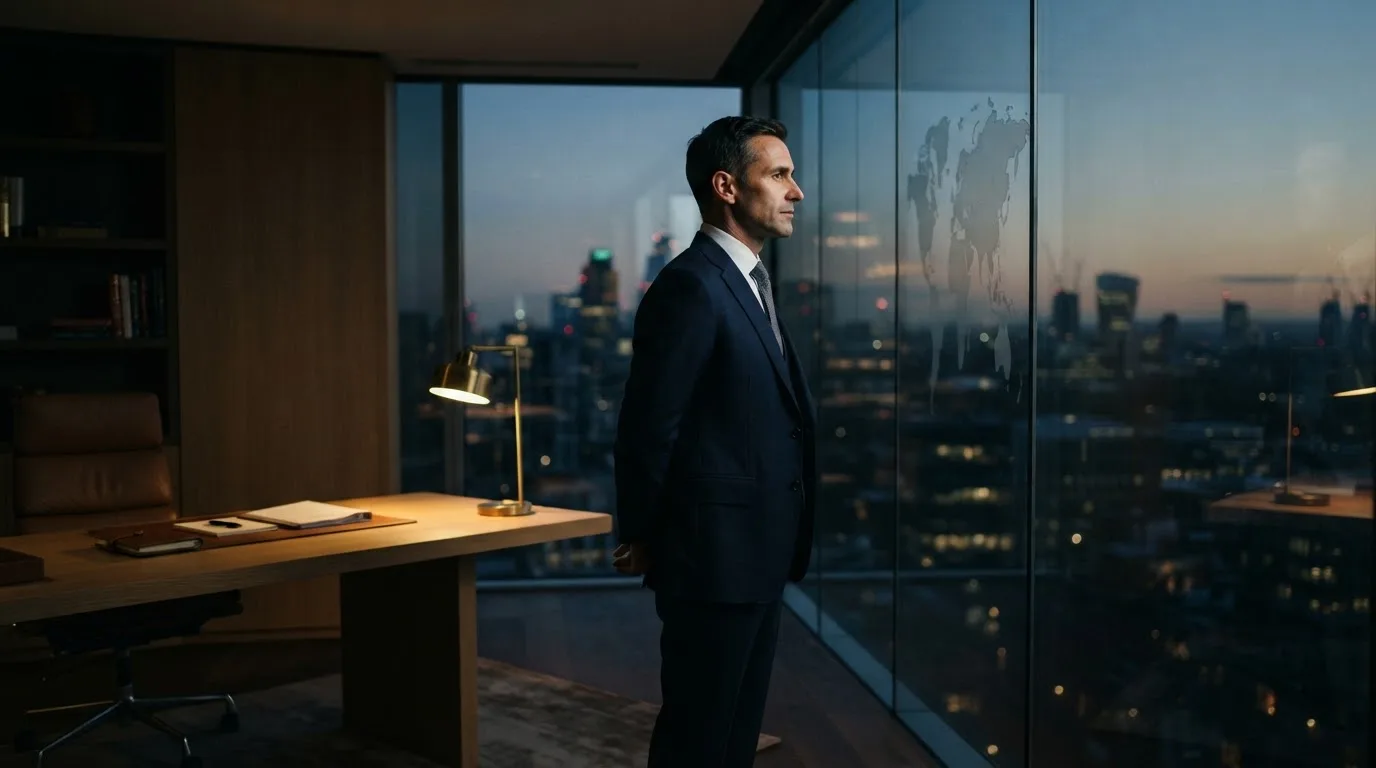 Een jurist in kostuum staat voor een grote glazen wand met een wereldkaart in een modern kantoor tijdens de avondschemering.