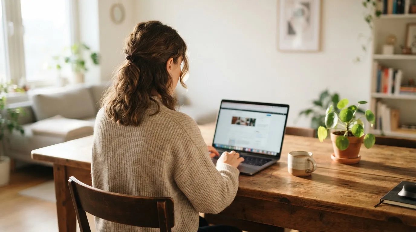 Een vrouw zit aan een houten bureau en bekijkt rustig het scherm van een laptop in een lichte woonkamer.