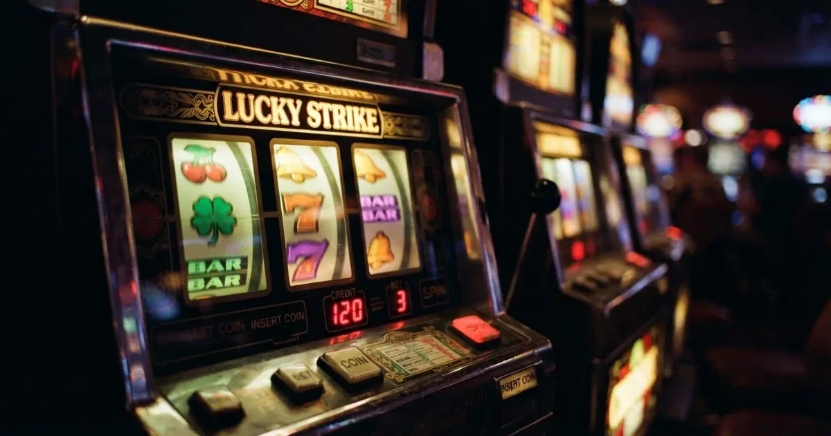 Een close-up van kleurrijke gokkasten met knipperende lichten in een schemerig casino, zonder zichtbare spelers of tekst.