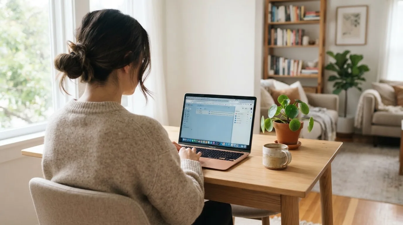 Een vrouw zit aan een houten bureau en bekijkt rustig het scherm van een laptop in een lichte woonkamer.