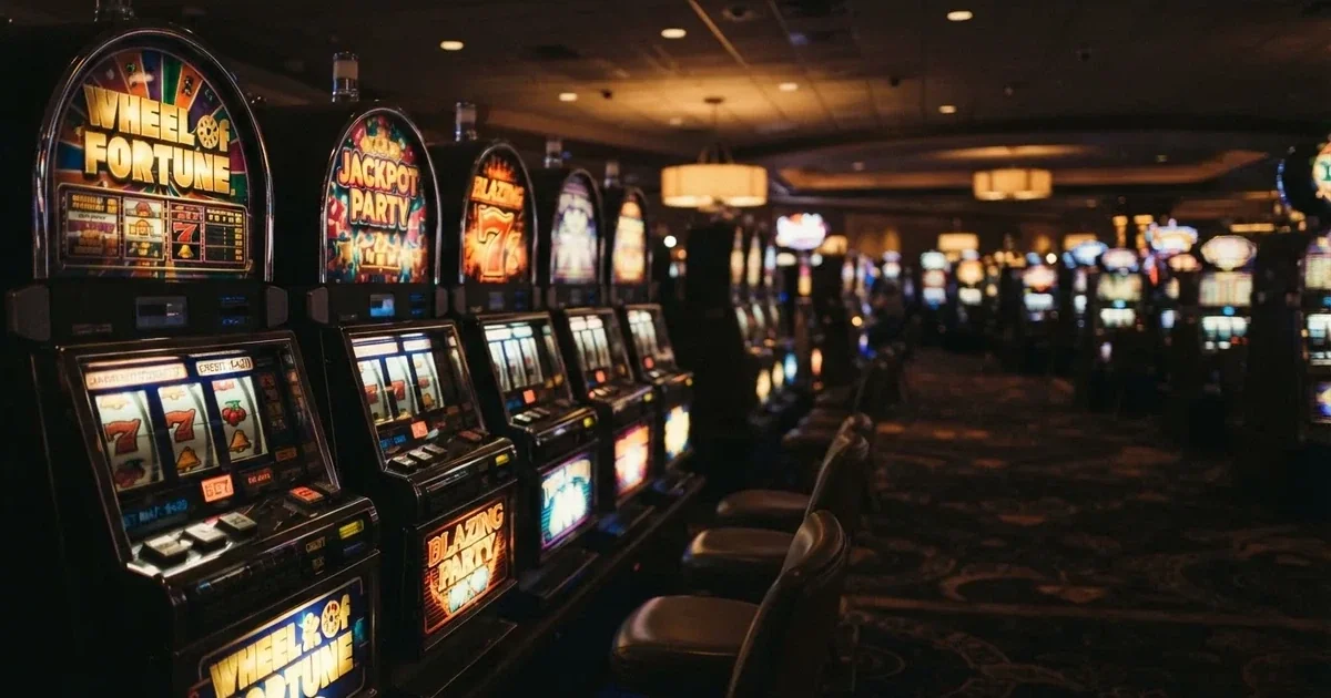 Een close-up van kleurrijke gokkasten met knipperende lichten in een schemerig casino, zonder zichtbare spelers of tekst.