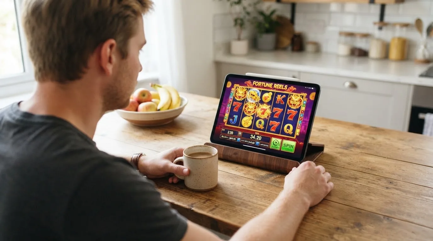 Een jonge man test ontspannen een spelapp op zijn tablet aan de keukentafel, met zacht daglicht op de achtergrond.