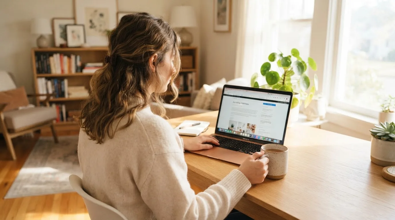 Een vrouw zit aan een houten bureau en bekijkt rustig het scherm van een laptop in een lichte woonkamer.