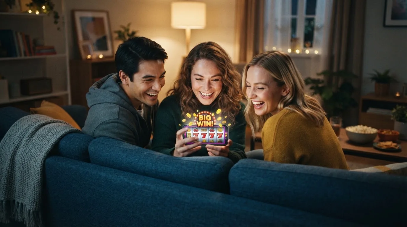 Een vrolijke groep vrienden kijkt samen glimlachend naar een smartphone tijdens een gezellige avond op de bank.