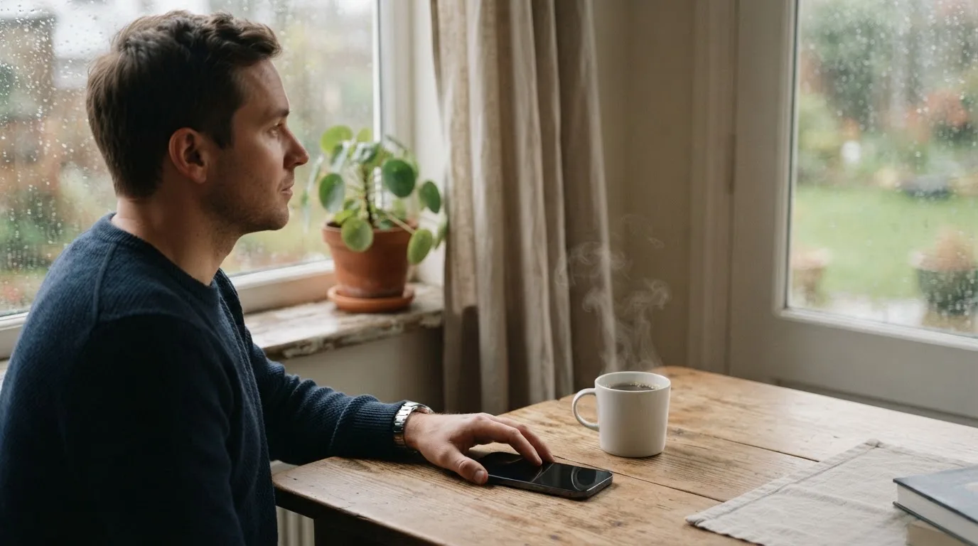 Een man legt zijn telefoon rustig weg en kijkt uit het raam met een kop koffie op tafel.
