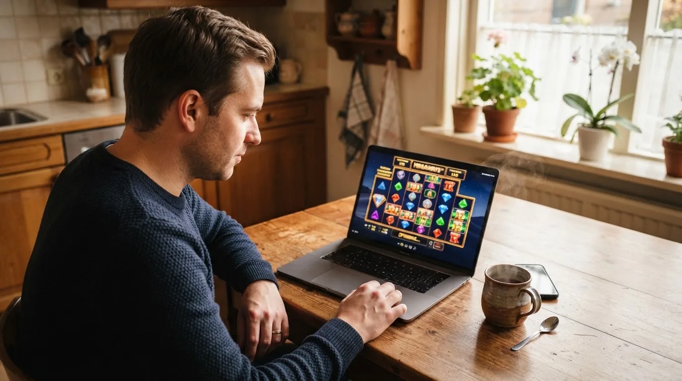 Een man zit thuis aan tafel met een kop koffie en bekijkt rustig zijn laptop.