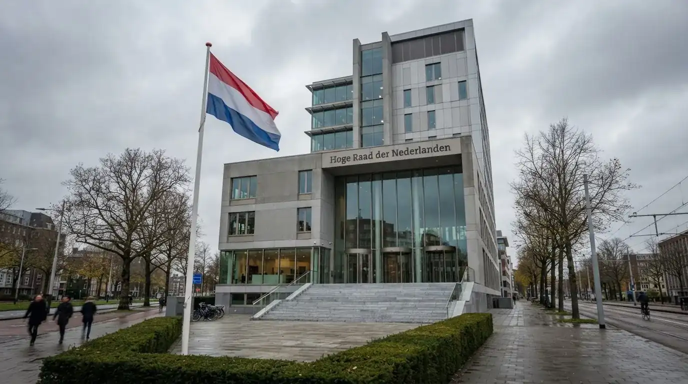 Een statig kantoorgebouw met een Nederlandse vlag ervoor onder een bewolkte hemel.