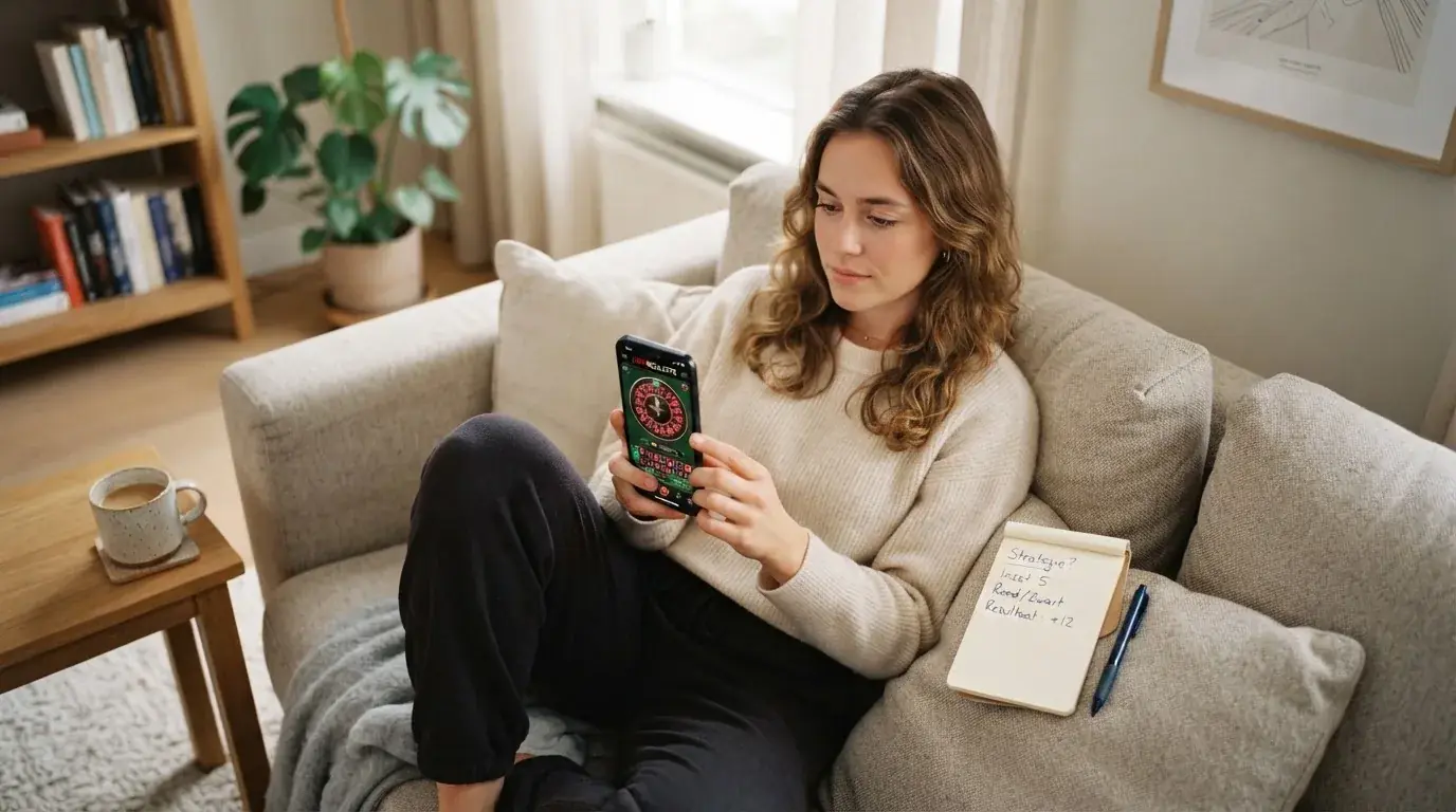 Een jonge vrouw zit ontspannen op de bank met een smartphone in haar hand, terwijl een laptop met onscherp scherm op de salontafel staat.