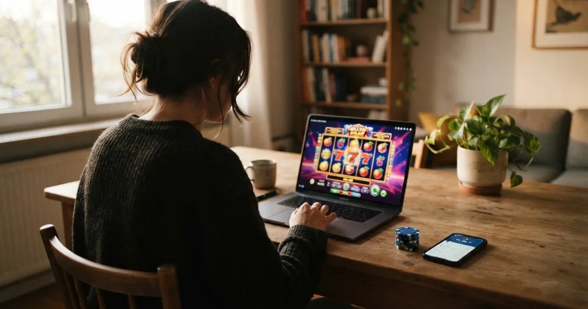 Een persoon houdt een betaalpas vast naast een laptop met wazig scherm, terwijl zacht daglicht door het raam valt in een rustige woonkamer.