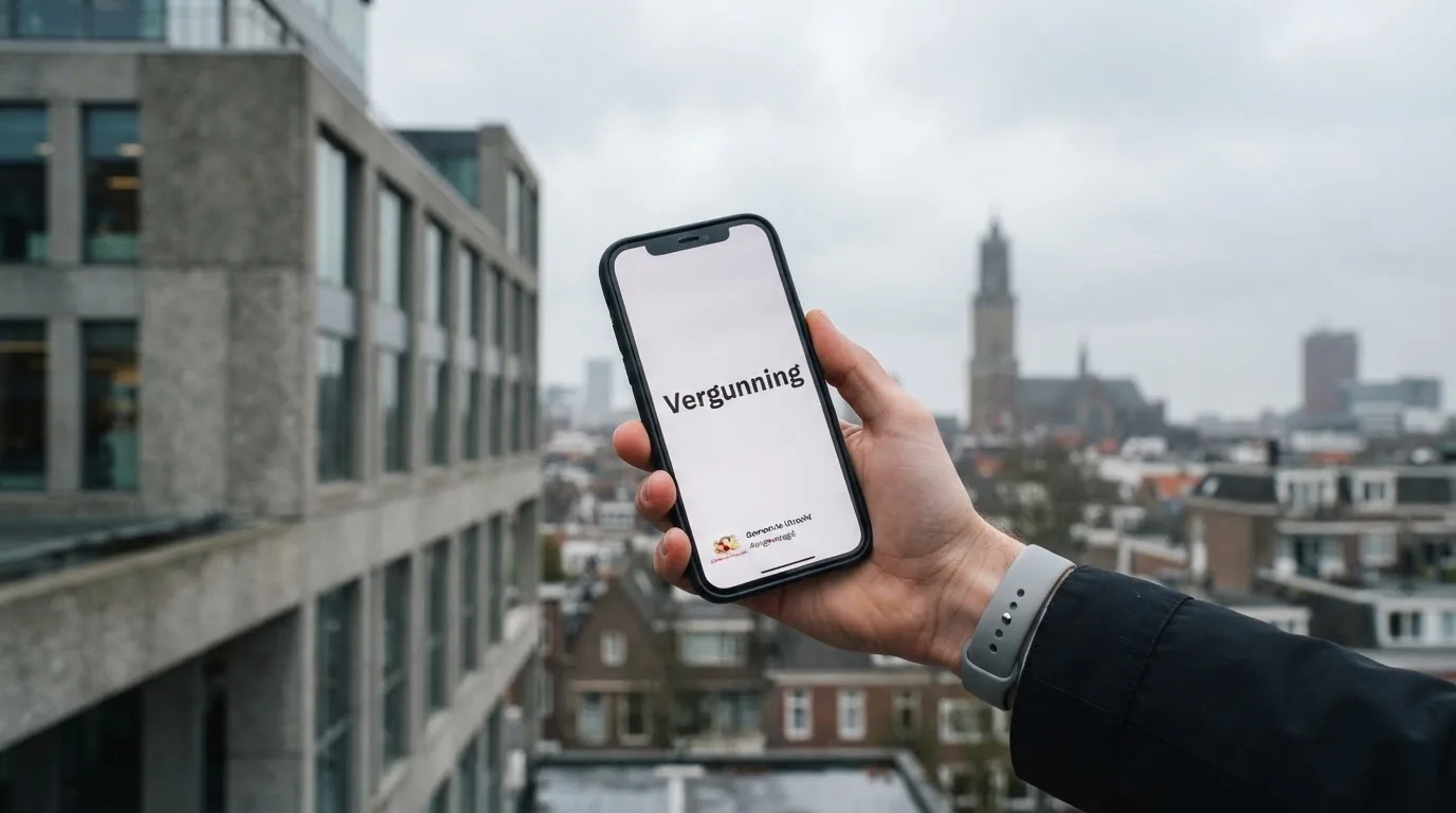 Een close-up van een hand die een smartphone vasthoudt buiten voor een grijs kantoorgebouw, met een wazige skyline van een Nederlandse stad op de achtergrond.